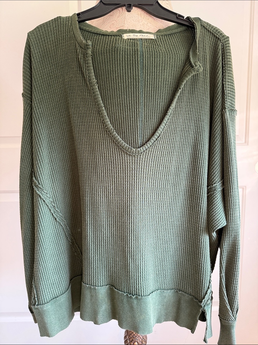 FREE PEOPLE Hunter Green Waffle Knit V-Neck Pullover